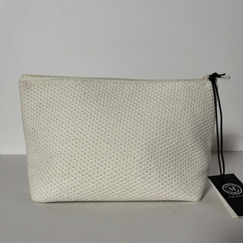 Martha Stewart Crochet Travel Toiletry Makeup Cosmetic Bag White Zipper Gold NWT